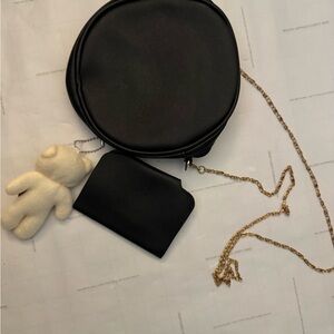 Black Round Crossbody Bag Set | Gold Bow Chain Strap 2-Piece Set